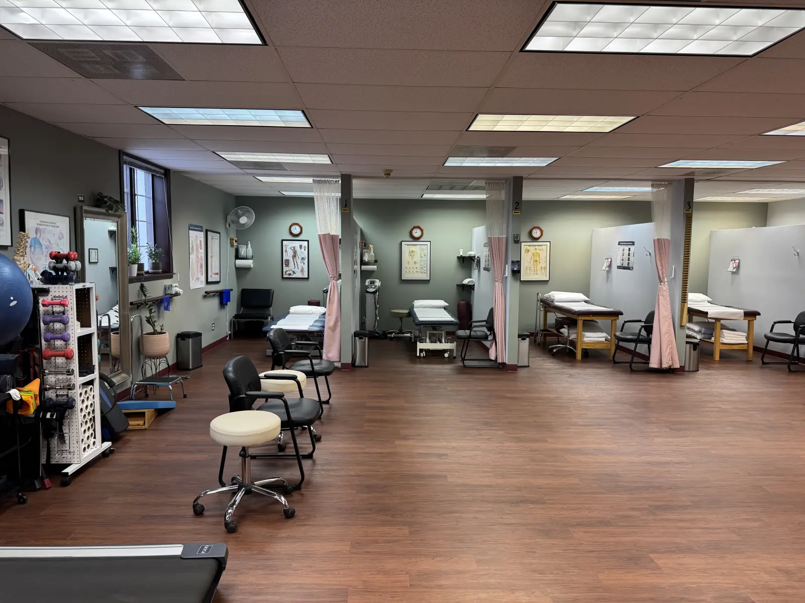 Treatment area at Progressive Physical Therapy in Hinsdale — multiple therapy tables, curtain dividers, anatomical posters, and rehabilitation equipment