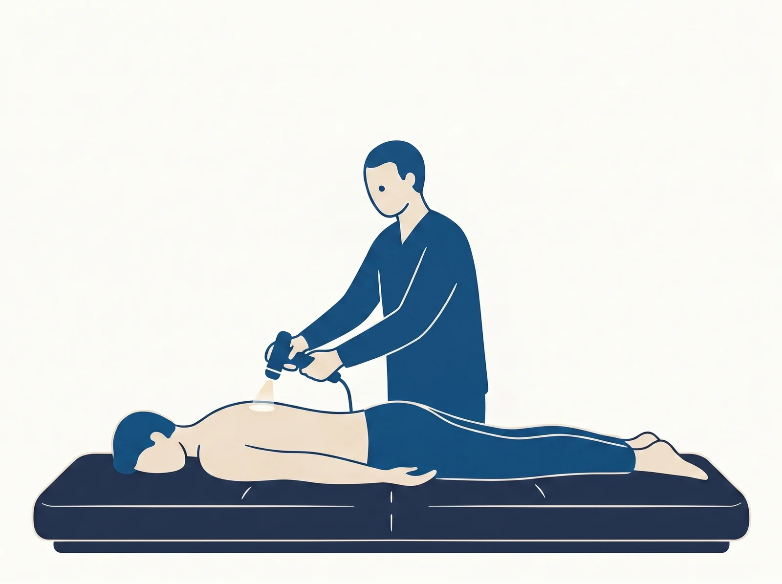 Cold laser therapy — editorial illustration of thoracic-spine laser application with patient prone