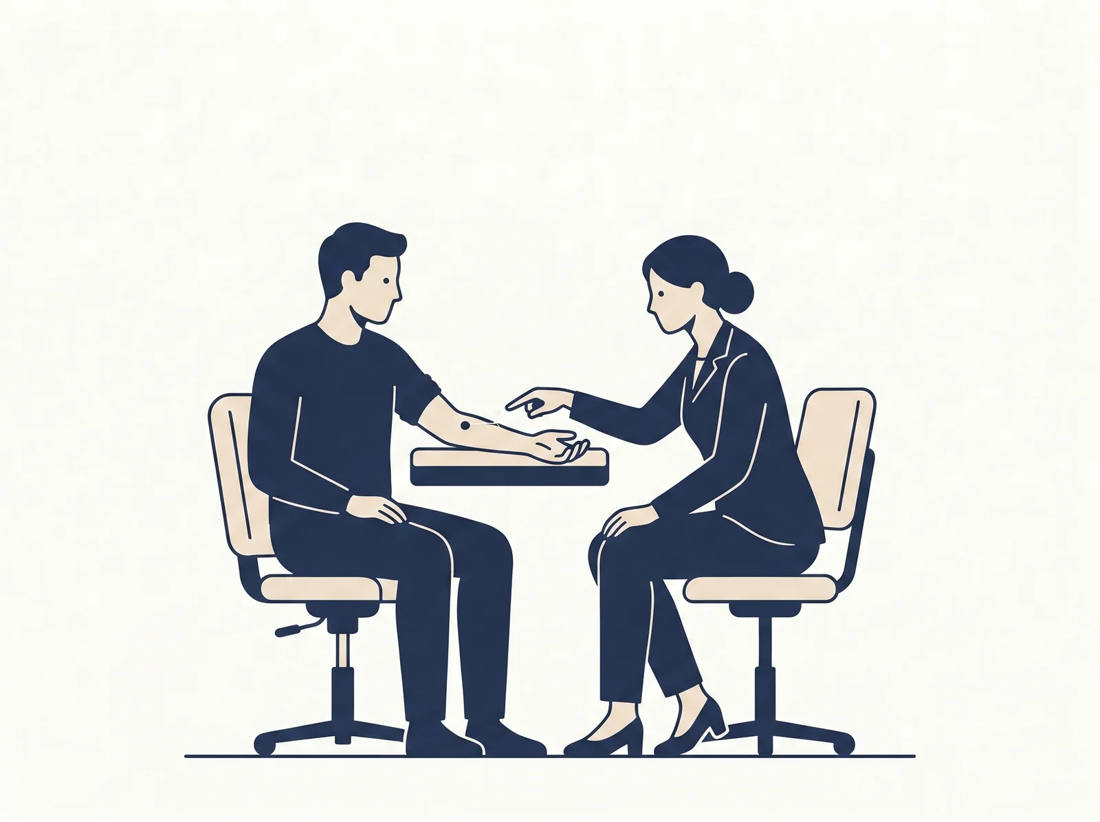 Skin & nail care education — editorial illustration of therapist demonstrating limb-inspection technique with patient observing