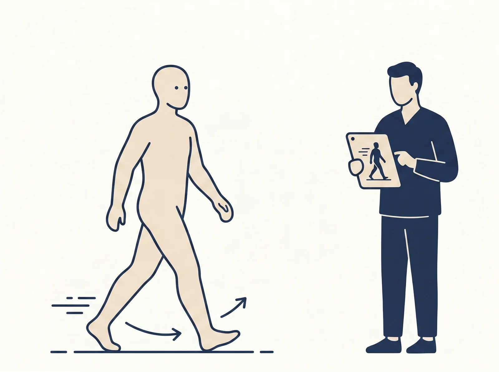 Gait analysis — editorial illustration of video-recorded walking assessment