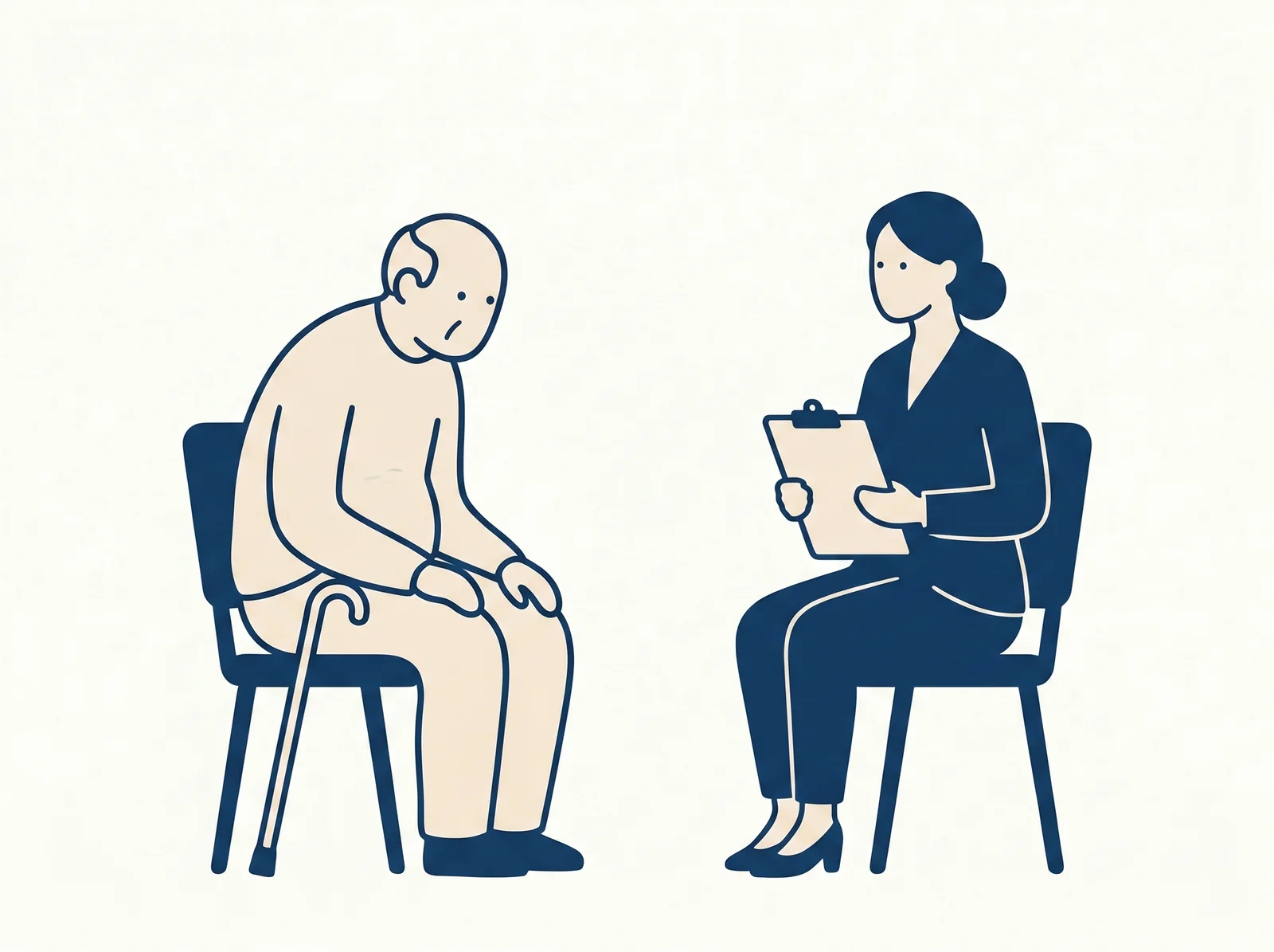 Geriatric assessment — editorial illustration of balance evaluation with cane