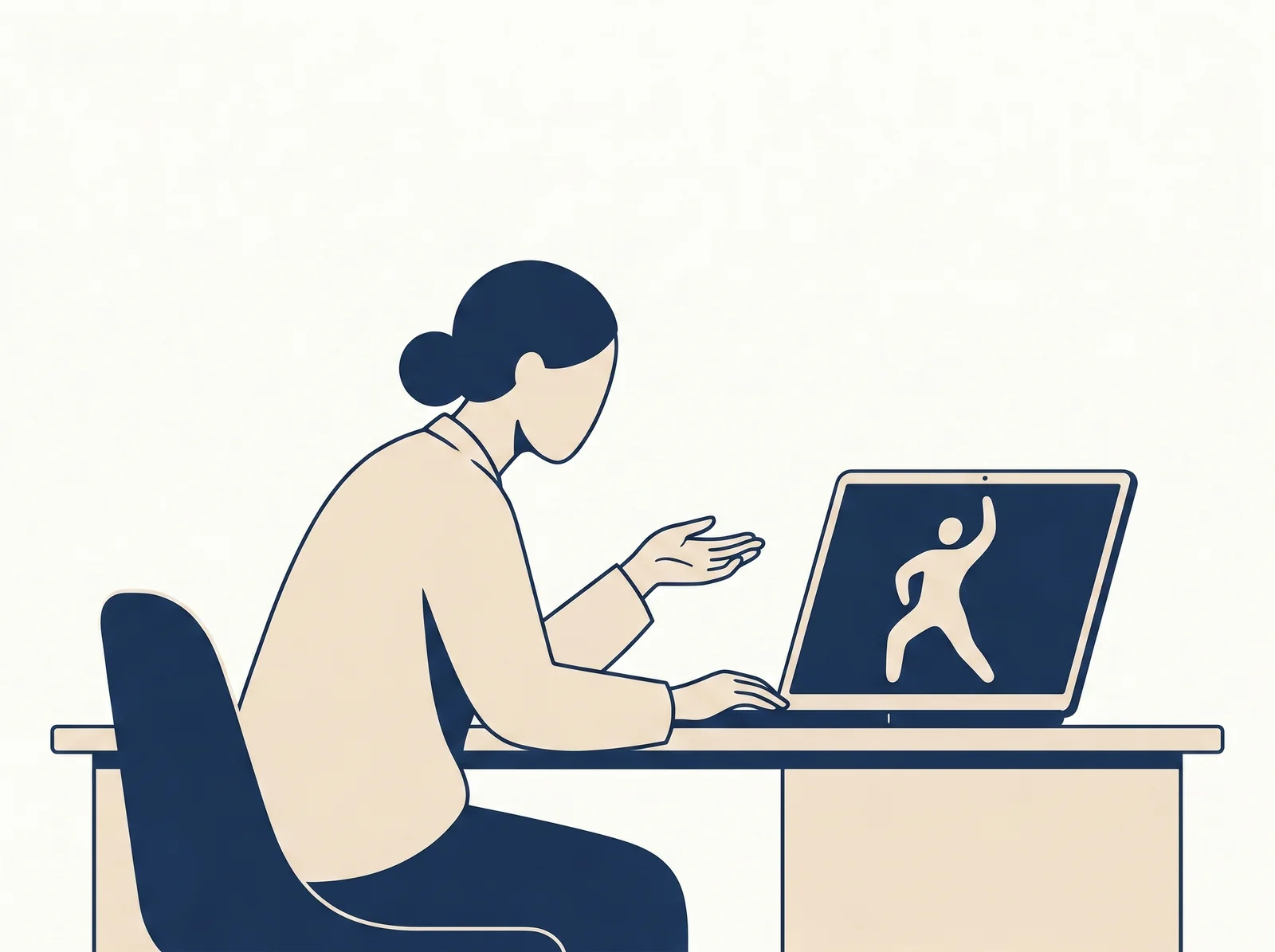 Live remote movement assessment — editorial illustration of therapist observing patient via laptop screen during real-time evaluation
