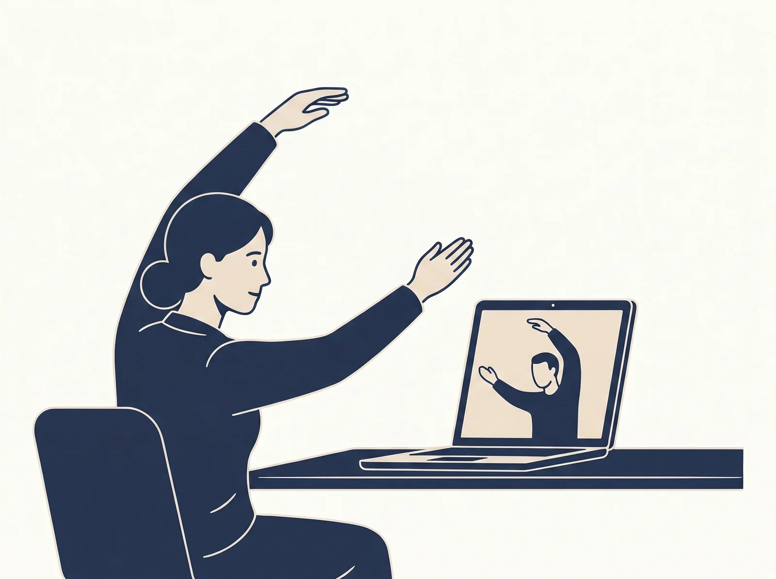 Remote exercise coaching — editorial illustration of therapist demonstrating a stretch via laptop camera with patient mirroring on screen